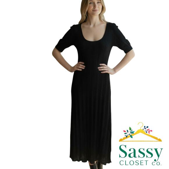 Ann Taylor Black Knit Midi Dress Scoop Neck Short Sleeve Lined Career Size L NWT - Picture 1 of 6